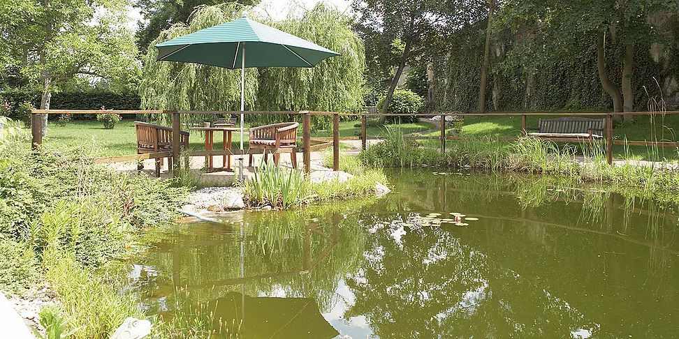 Der idyllische Garten des Pflegeheims Bitterfeld lädt zum Spazieren ein.