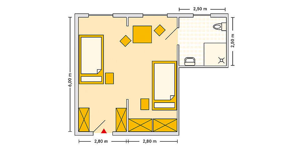 Pflegeheim Meerane Haus Ost mit Beispielgrundriss Doppelzimmer.