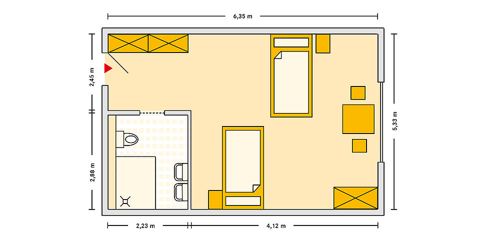 Pflegeheim Kuerten mit Beispielgrundriss Doppelzimmer.