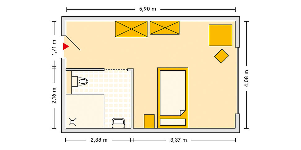 Pflegeheim Markkleeberg mit Beispielgrundriss Einzelzimmer.
