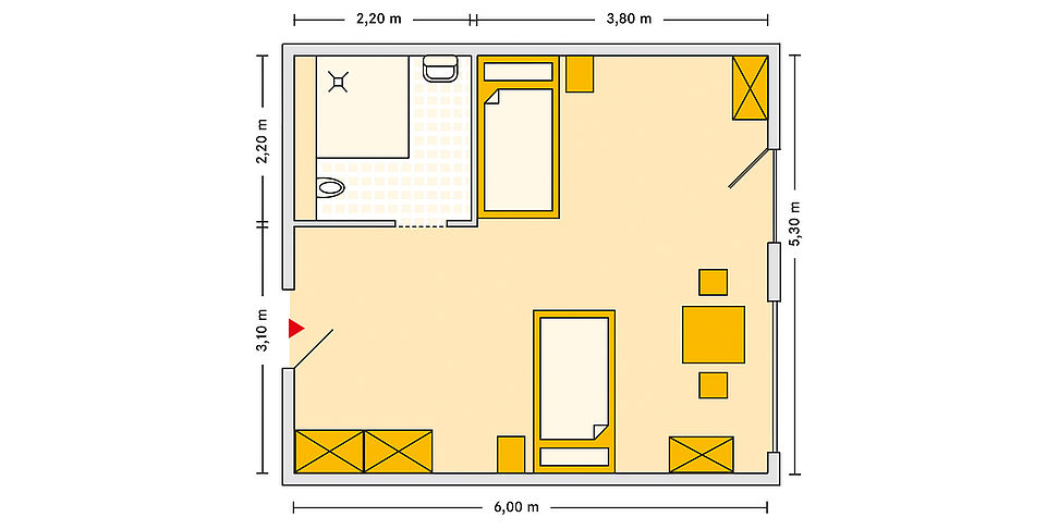 Pflegeheim Moembris mit Beispielgrundriss Doppelzimmer