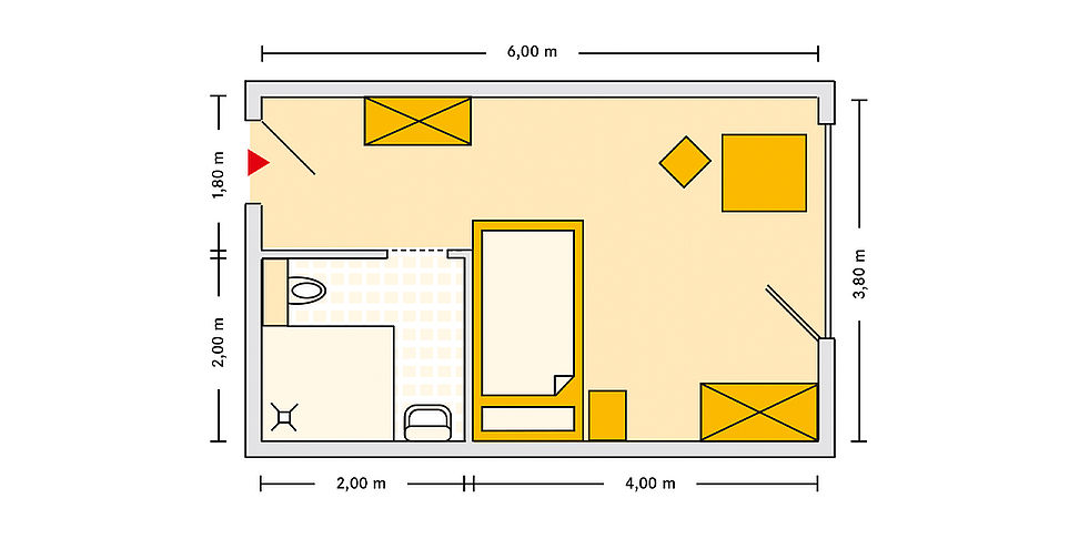Pflegeheim Hoesbach mit Beispielgrundriss Einzelzimmer.