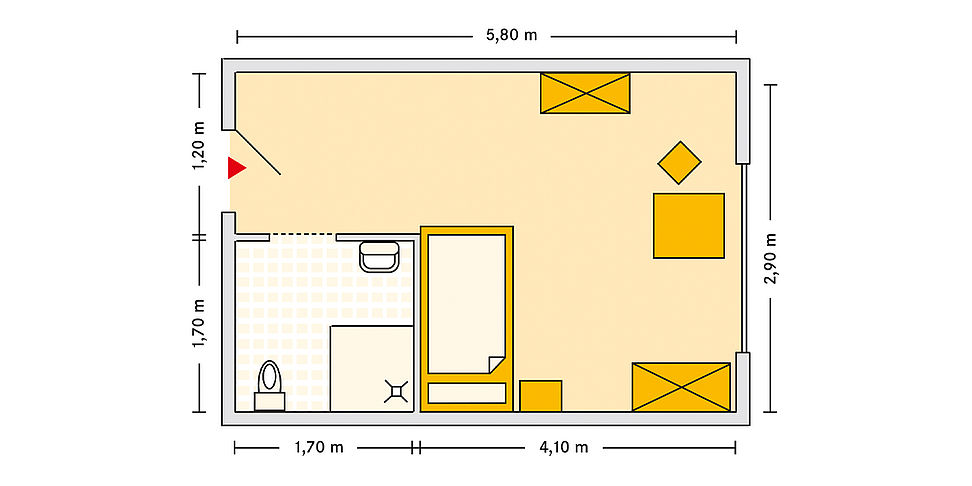 Pflegeheim Meerane Haus Ost mit Beispielgrundriss Einzelzimmer.