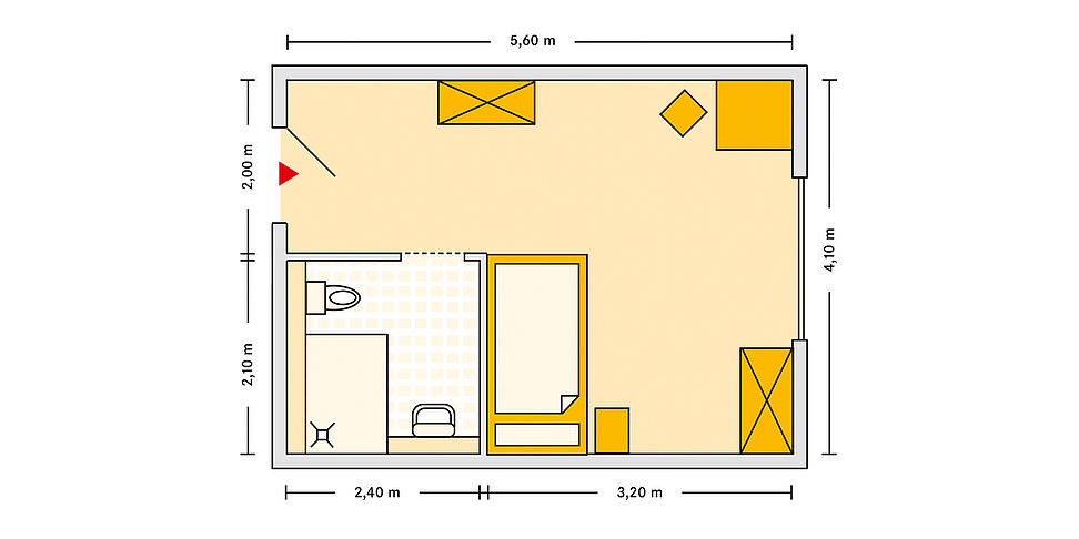 Pflegeheim Kriftel mit Beispielgrundriss Einzelzimmer.